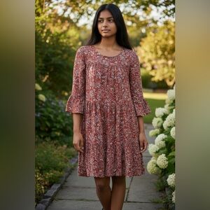 SHEIN Rust Floral Tiered Midi Dress with Ruffle Sleeves